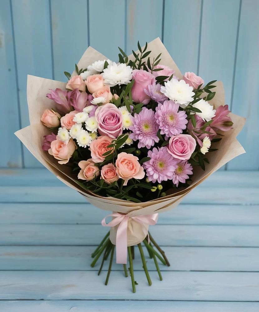 Букет цветов из: Хризантемы, Розы и Альстромерии в Новомичуринске