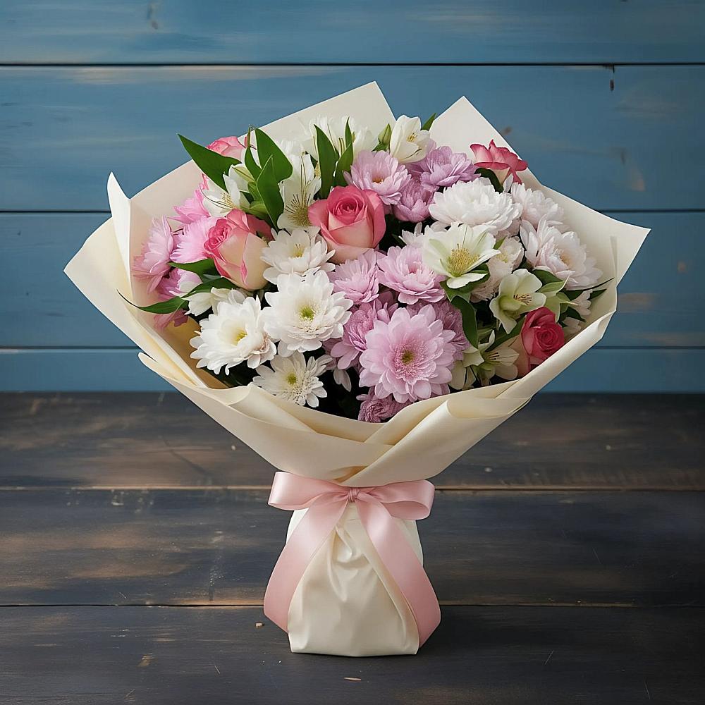 Букет цветов из: Хризантемы, Альстромерии и Розы в Новомичуринске